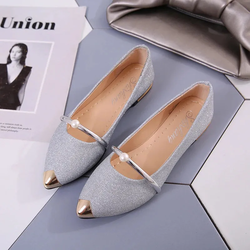 2023 Ladies Party Pearl Pumps Women's High Quality Low-Heeled Shoes Female Sequined Cloth Boat Shoes Women Silver Pointed Shoes