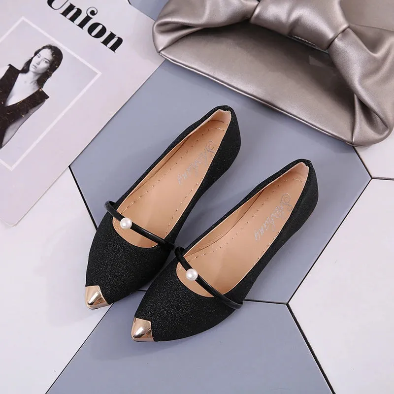 2023 Ladies Party Pearl Pumps Women's High Quality Low-Heeled Shoes Female Sequined Cloth Boat Shoes Women Silver Pointed Shoes