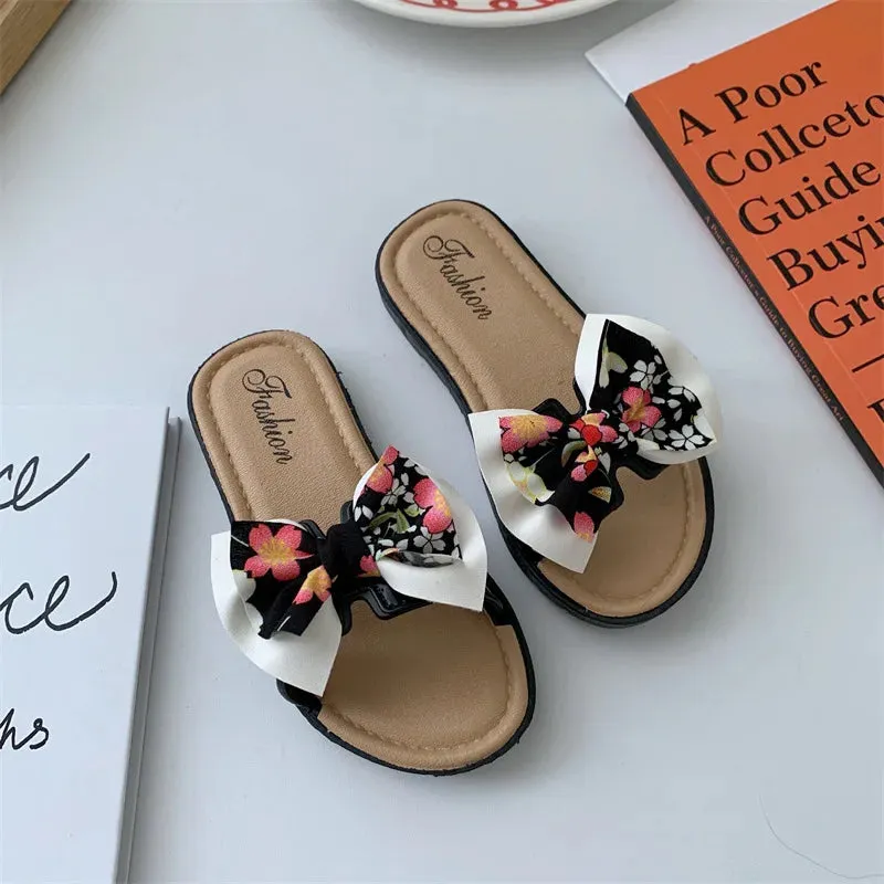 2024 New Bow Flats Open Toe Slide Sandals Non-slip Flip Flops Children Home Slippers Kids Girls Summer Cute Beach Slippers Shoe