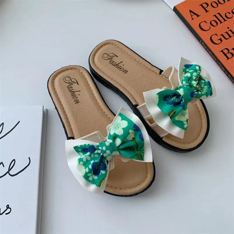 2024 New Bow Flats Open Toe Slide Sandals Non-slip Flip Flops Children Home Slippers Kids Girls Summer Cute Beach Slippers Shoe