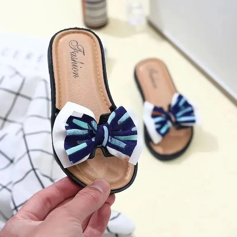 2024 New Bow Flats Open Toe Slide Sandals Non-slip Flip Flops Children Home Slippers Kids Girls Summer Cute Beach Slippers Shoe