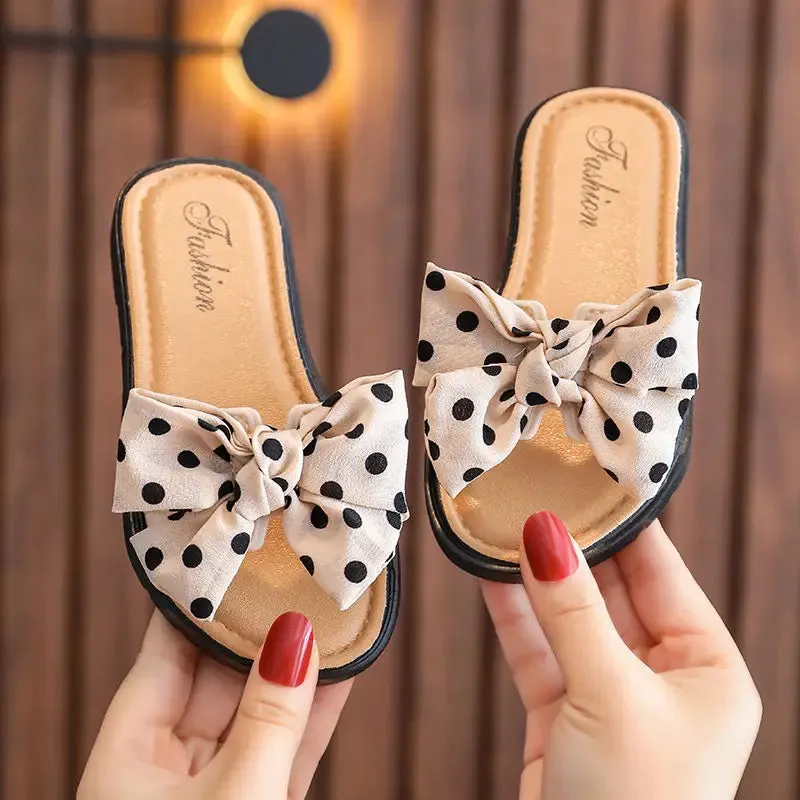 2024 New Bow Flats Open Toe Slide Sandals Non-slip Flip Flops Children Home Slippers Kids Girls Summer Cute Beach Slippers Shoe