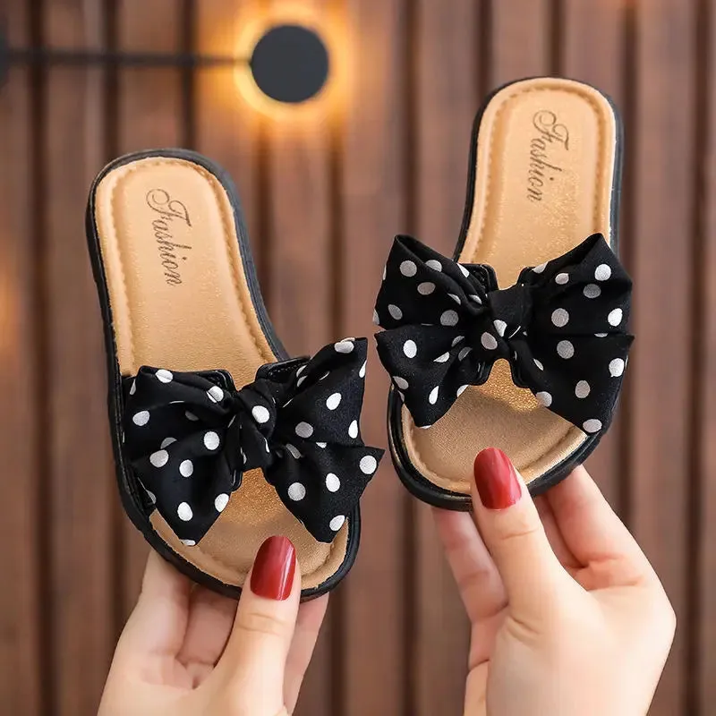 2024 New Bow Flats Open Toe Slide Sandals Non-slip Flip Flops Children Home Slippers Kids Girls Summer Cute Beach Slippers Shoe