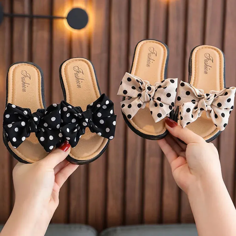 2024 New Bow Flats Open Toe Slide Sandals Non-slip Flip Flops Children Home Slippers Kids Girls Summer Cute Beach Slippers Shoe