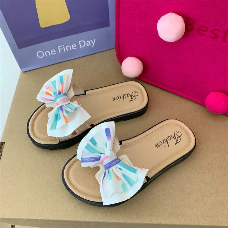 2024 New Bow Flats Open Toe Slide Sandals Non-slip Flip Flops Children Home Slippers Kids Girls Summer Cute Beach Slippers Shoe