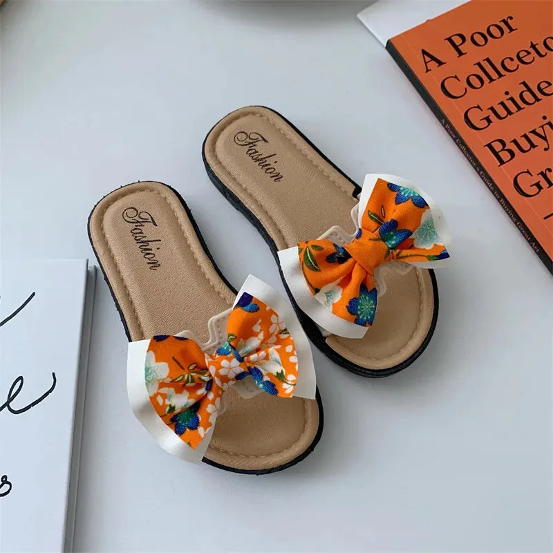 2024 New Bow Flats Open Toe Slide Sandals Non-slip Flip Flops Children Home Slippers Kids Girls Summer Cute Beach Slippers Shoe