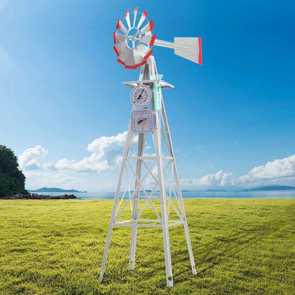 8FT Garden Windmill 245cm Metal Ornament Outdoor Decor Wind Mill Rain Gauge Thermometer