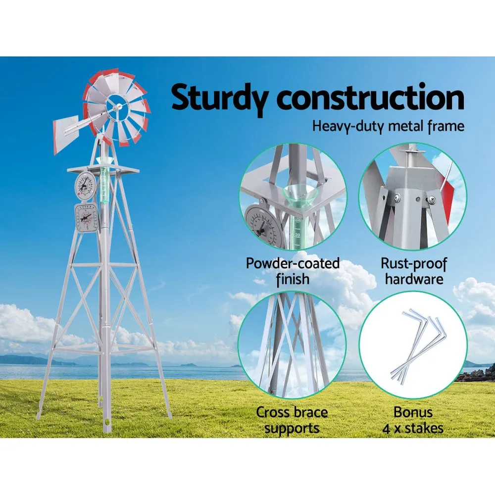 8FT Garden Windmill 245cm Metal Ornament Outdoor Decor Wind Mill Rain Gauge Thermometer