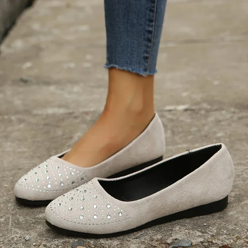 Amozae-Women's Shine Rhinestone Flats Shoes Round-Toe Slip on Shoes for Women Black Flats Ladies Boat Shoes Women