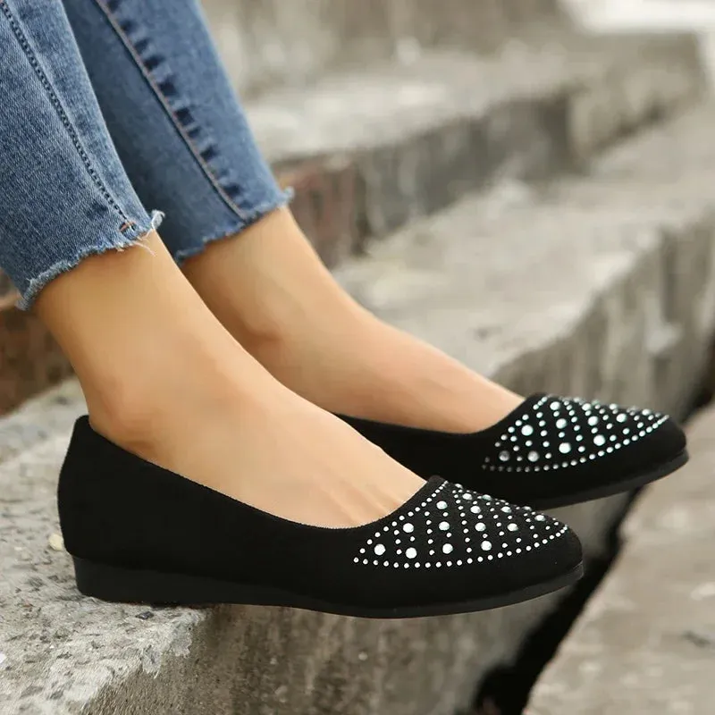 Amozae-Women's Shine Rhinestone Flats Shoes Round-Toe Slip on Shoes for Women Black Flats Ladies Boat Shoes Women