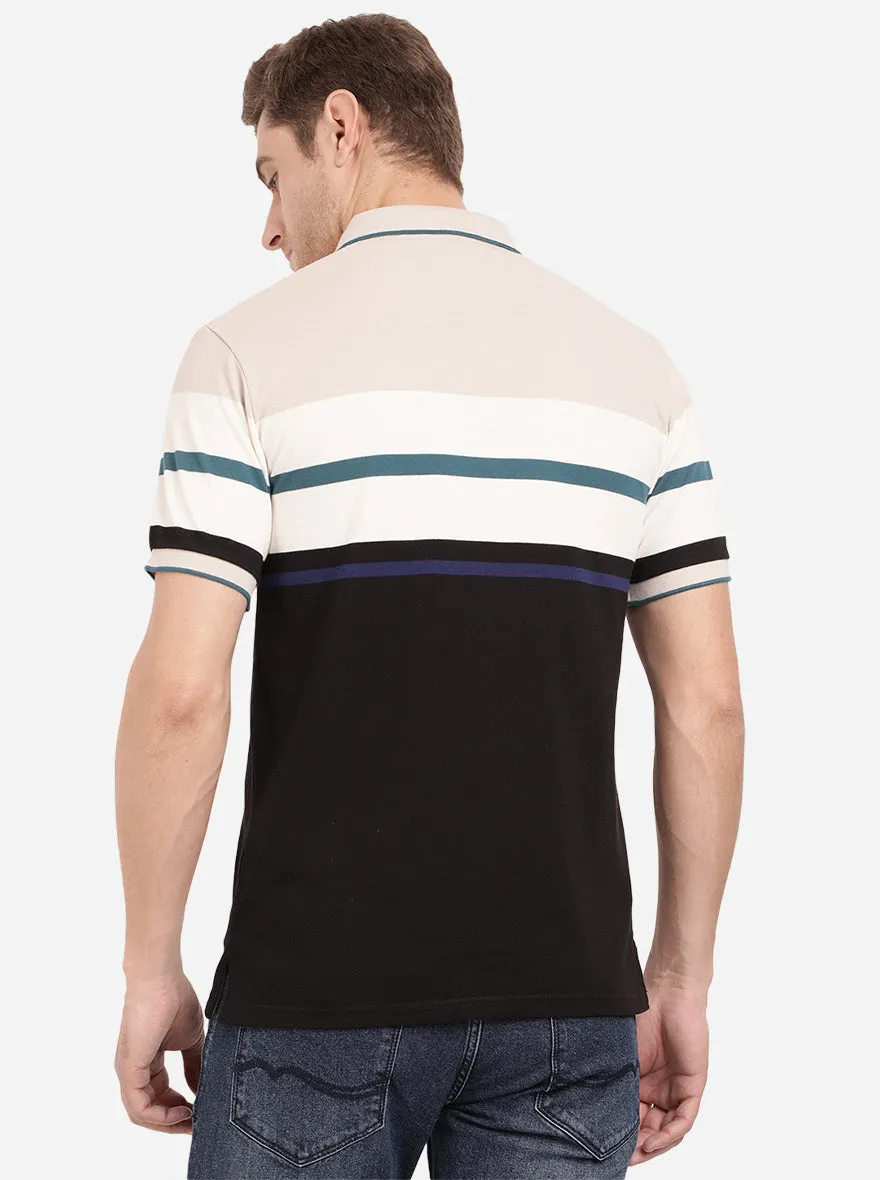 Beige & Black Striped Slim Fit Polo T-Shirt | JadeBlue