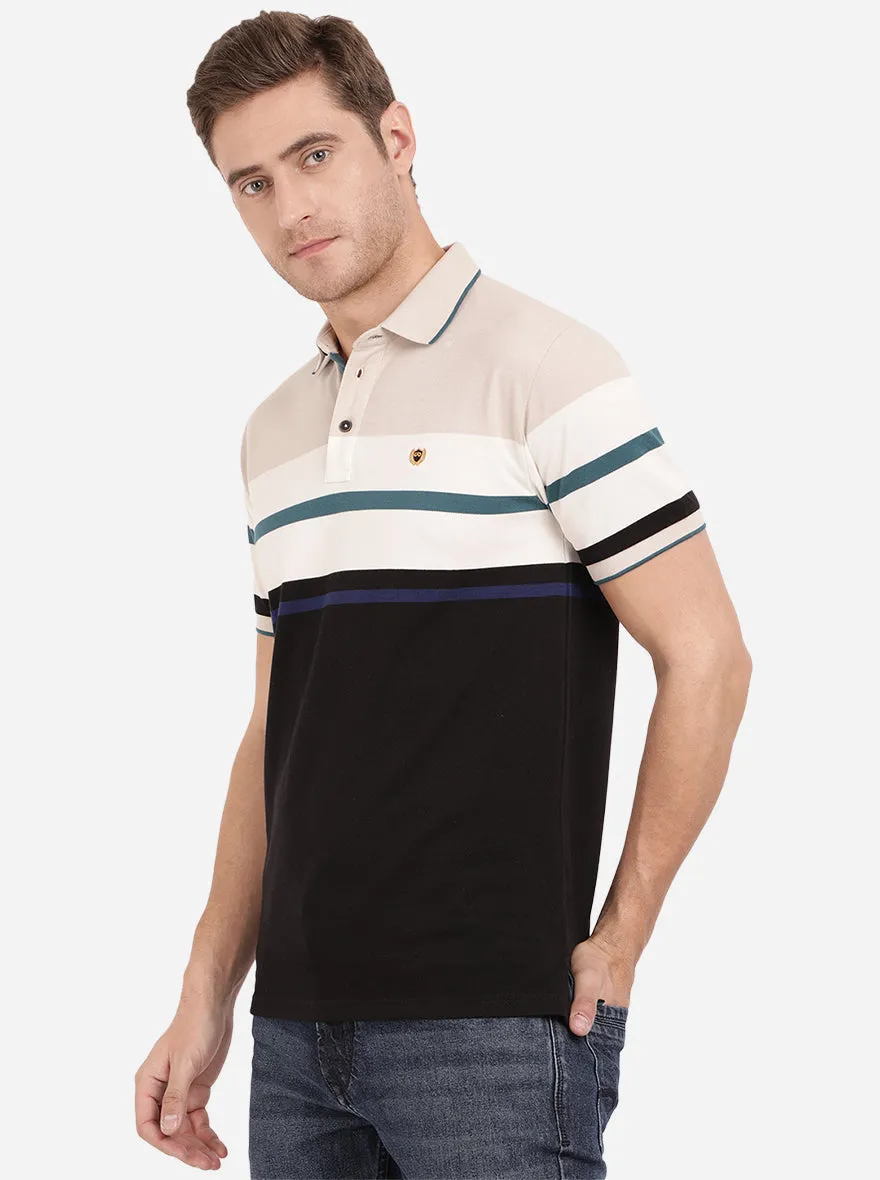 Beige & Black Striped Slim Fit Polo T-Shirt | JadeBlue