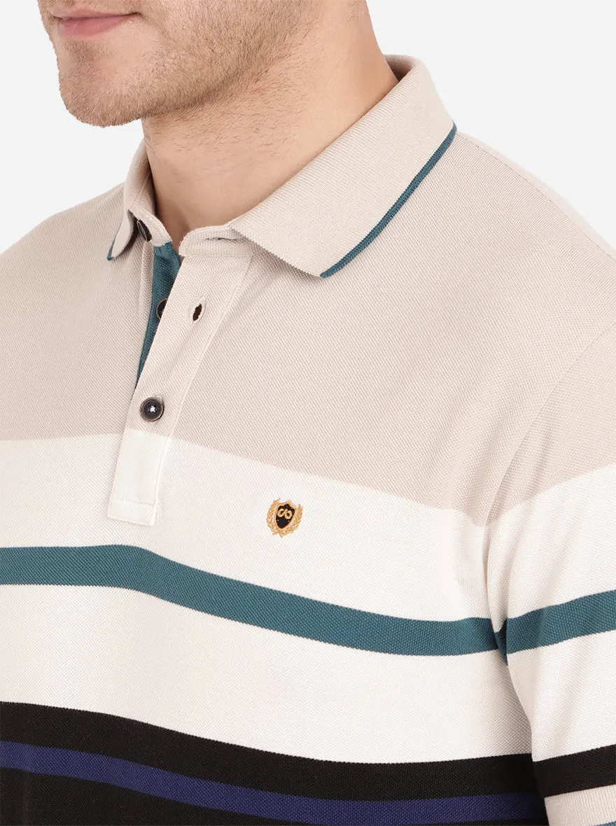 Beige & Black Striped Slim Fit Polo T-Shirt | JadeBlue