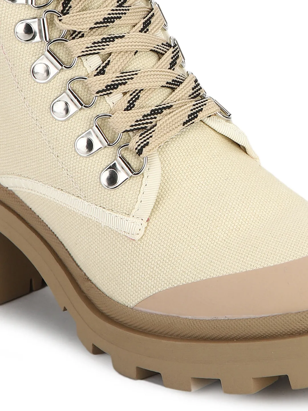 Beige Canvas Lace-up Block Heel Ankle Boots