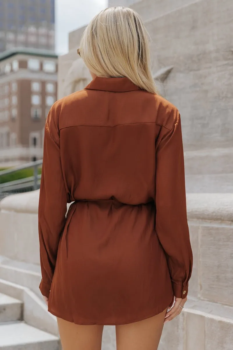 Belted Button Down Satin Romper - Brown - FINAL SALE