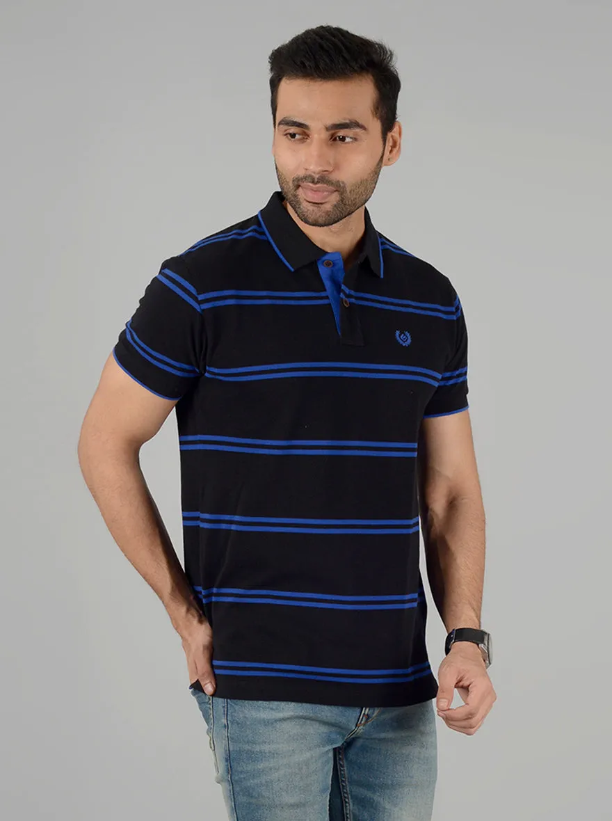 Black & Royal Blue Striped Slim Fit Polo T-Shirt | Greenfibre