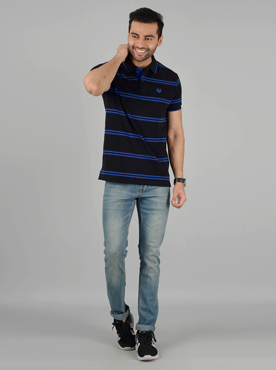 Black & Royal Blue Striped Slim Fit Polo T-Shirt | Greenfibre