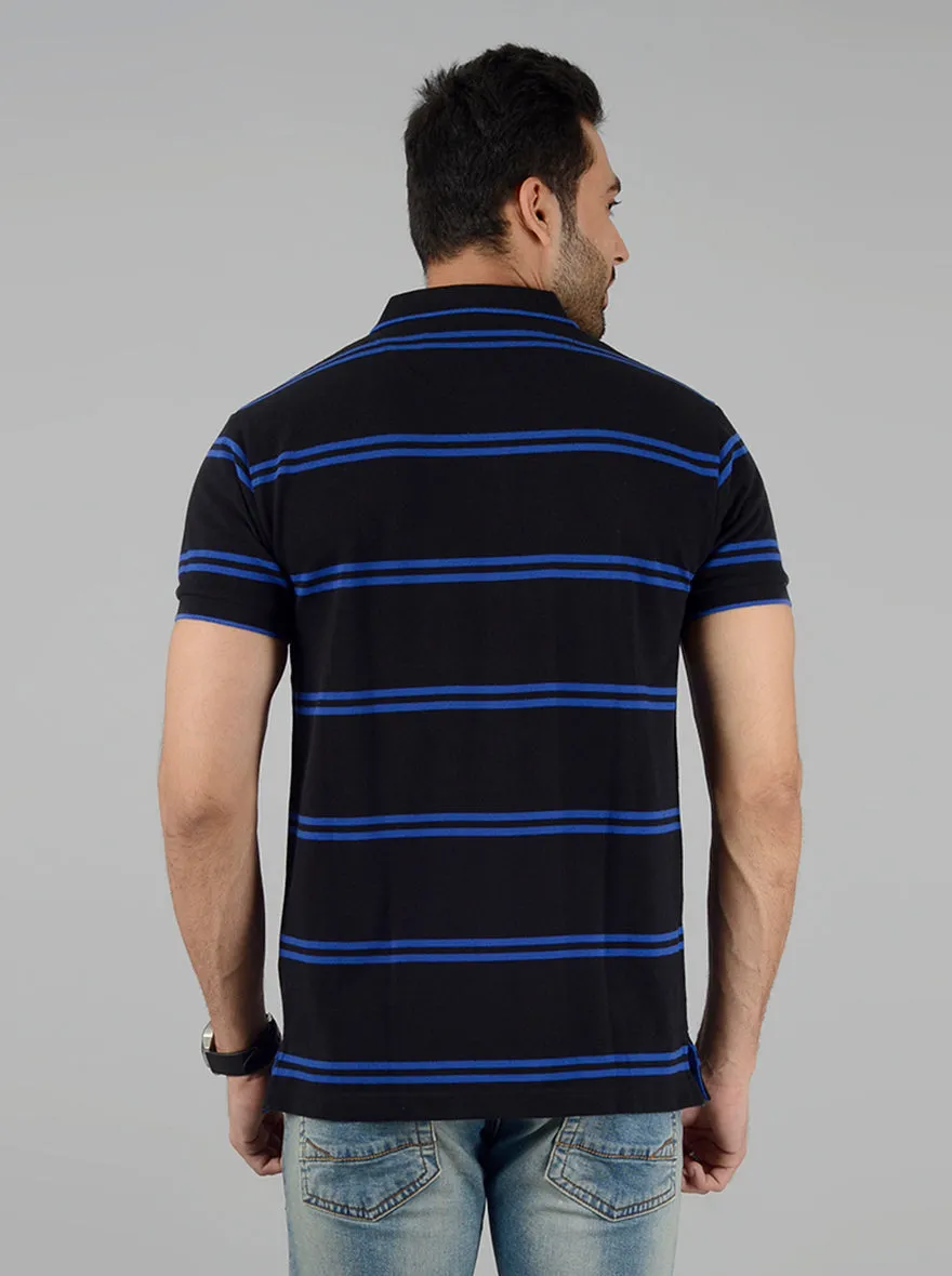 Black & Royal Blue Striped Slim Fit Polo T-Shirt | Greenfibre