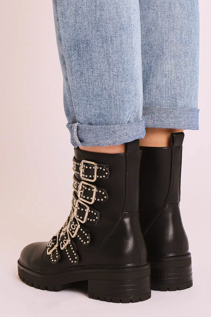 Black Faux Leather Stud Buckle Strap Ankle Boots - Lelani