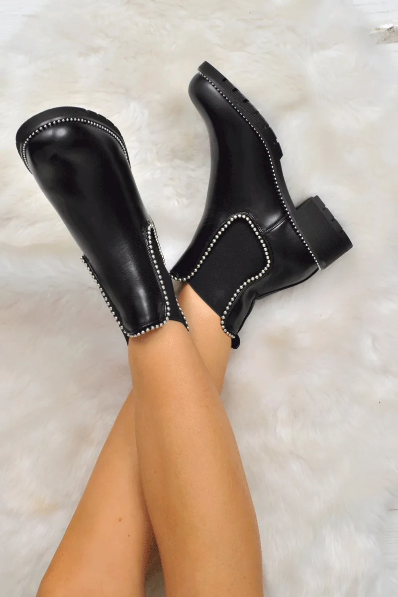 Black Shiny PU Stud Detail Ankle Boots - Ansley