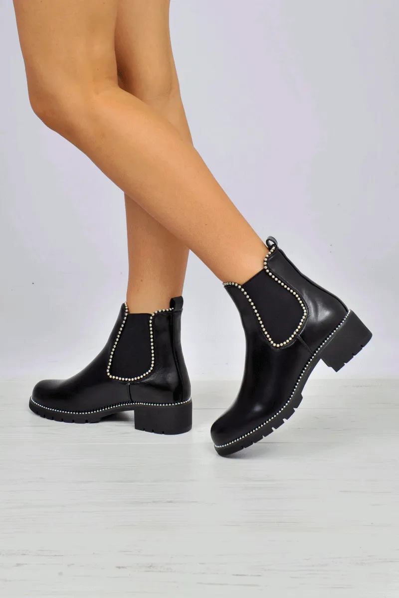 Black Shiny PU Stud Detail Ankle Boots - Ansley