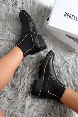 Black Shiny PU Stud Detail Ankle Boots - Ansley