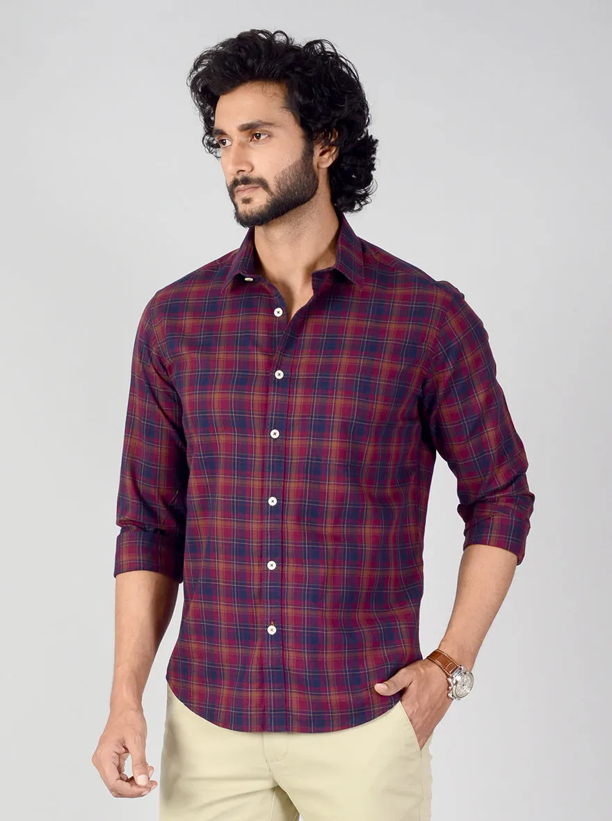 Burgundy & Blue Checked Classic Fit Casual Shirt | Greenfibre