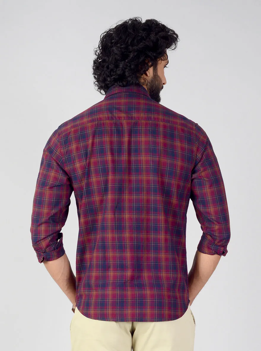 Burgundy & Blue Checked Classic Fit Casual Shirt | Greenfibre