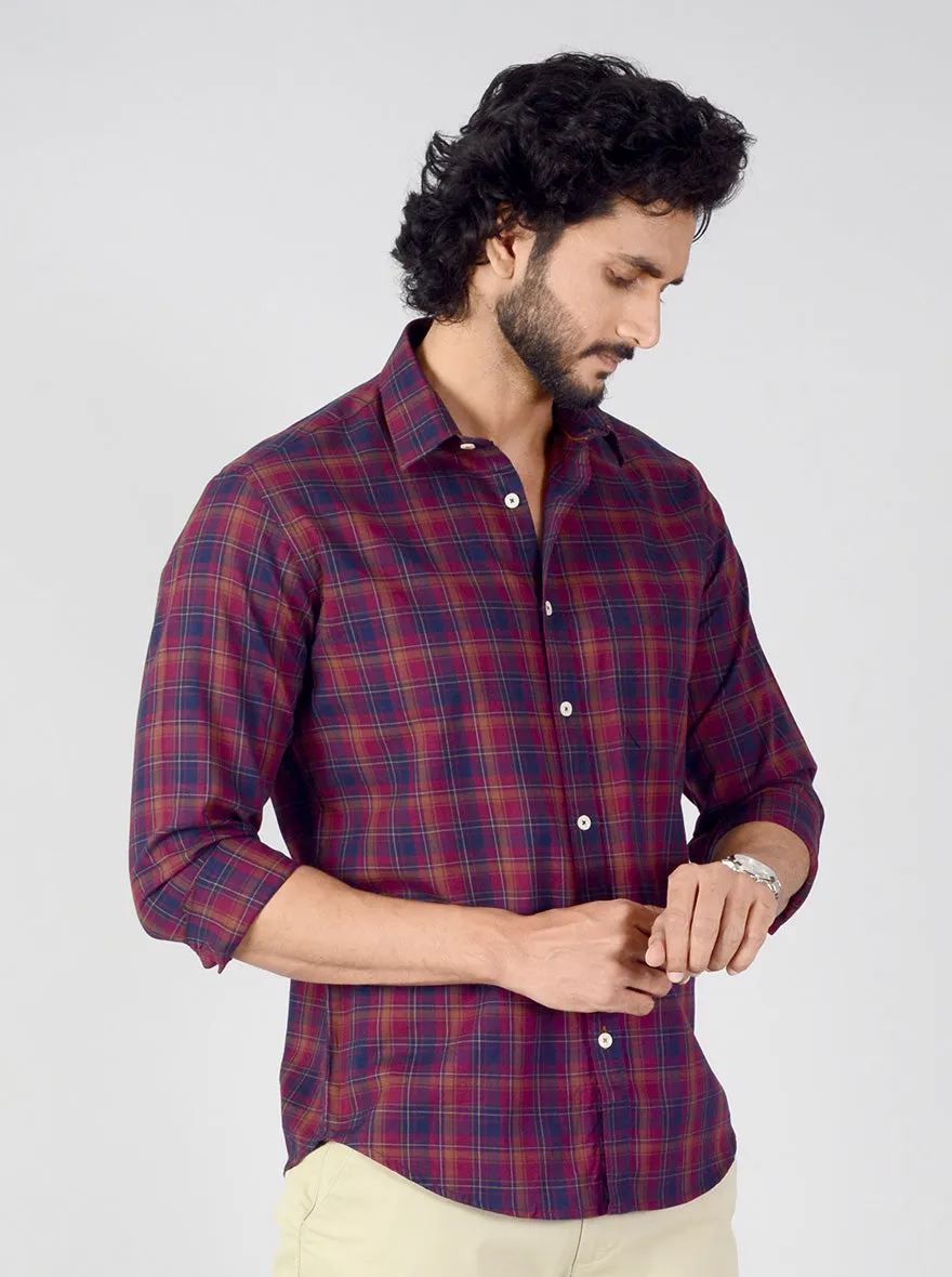 Burgundy & Blue Checked Classic Fit Casual Shirt | Greenfibre