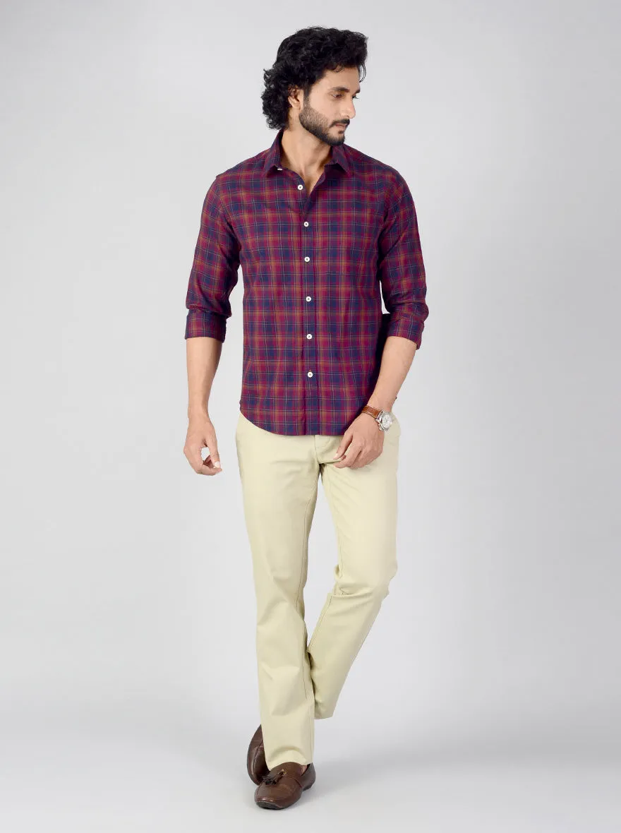 Burgundy & Blue Checked Classic Fit Casual Shirt | Greenfibre