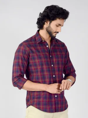 Burgundy & Blue Checked Classic Fit Casual Shirt | Greenfibre