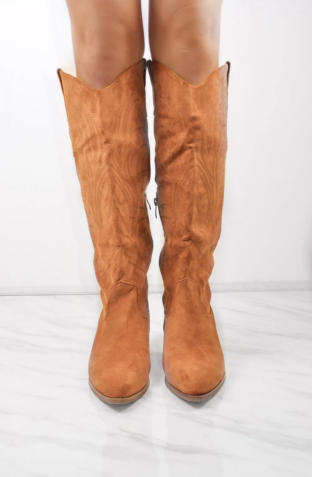 Camel Knee High Embroidery Faux Suede Cowboy Boot