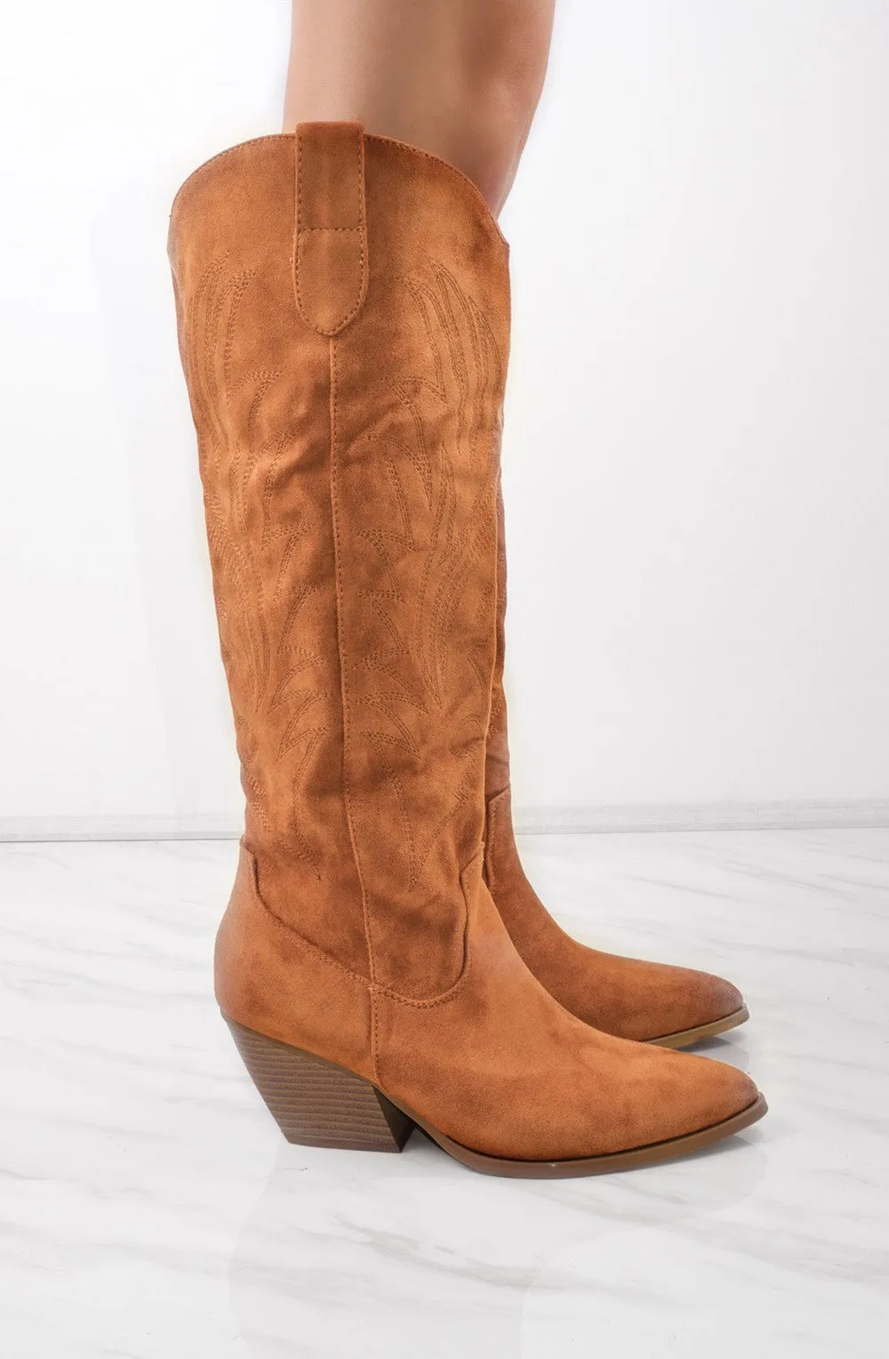 Camel Knee High Embroidery Faux Suede Cowboy Boot