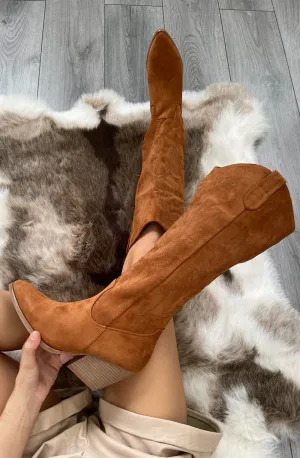 Camel Knee High Embroidery Faux Suede Cowboy Boot