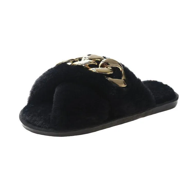 Classic Cross Fur Designed Black Slipper