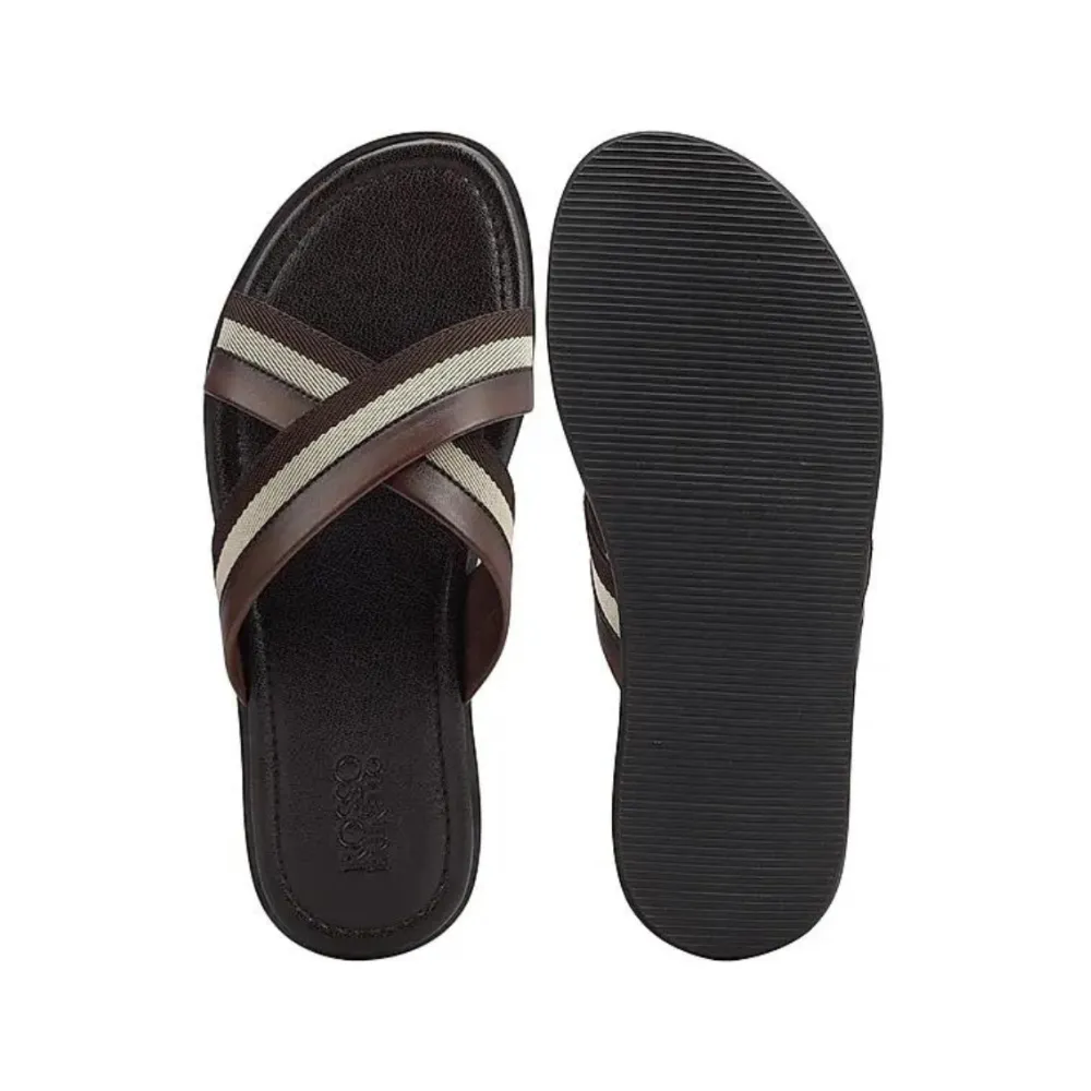 Coffee Criss Cross Leather Slippers