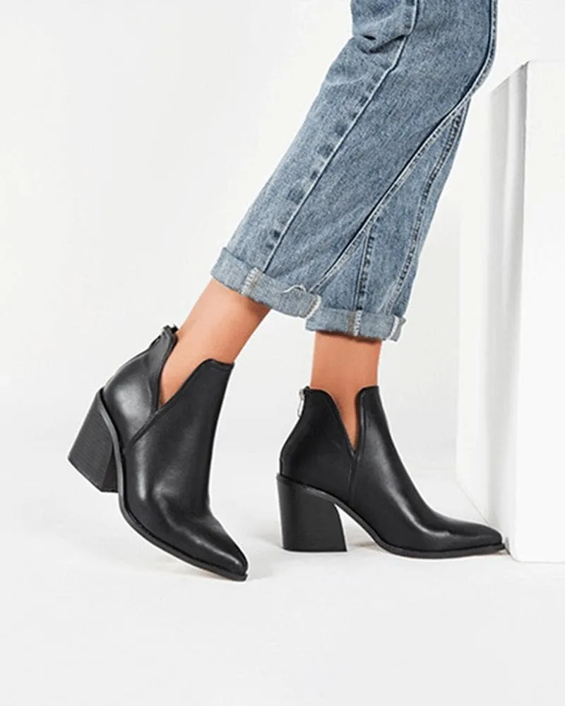 Color-Blocking Pointed Toe Chunky Heel Ankle Boots