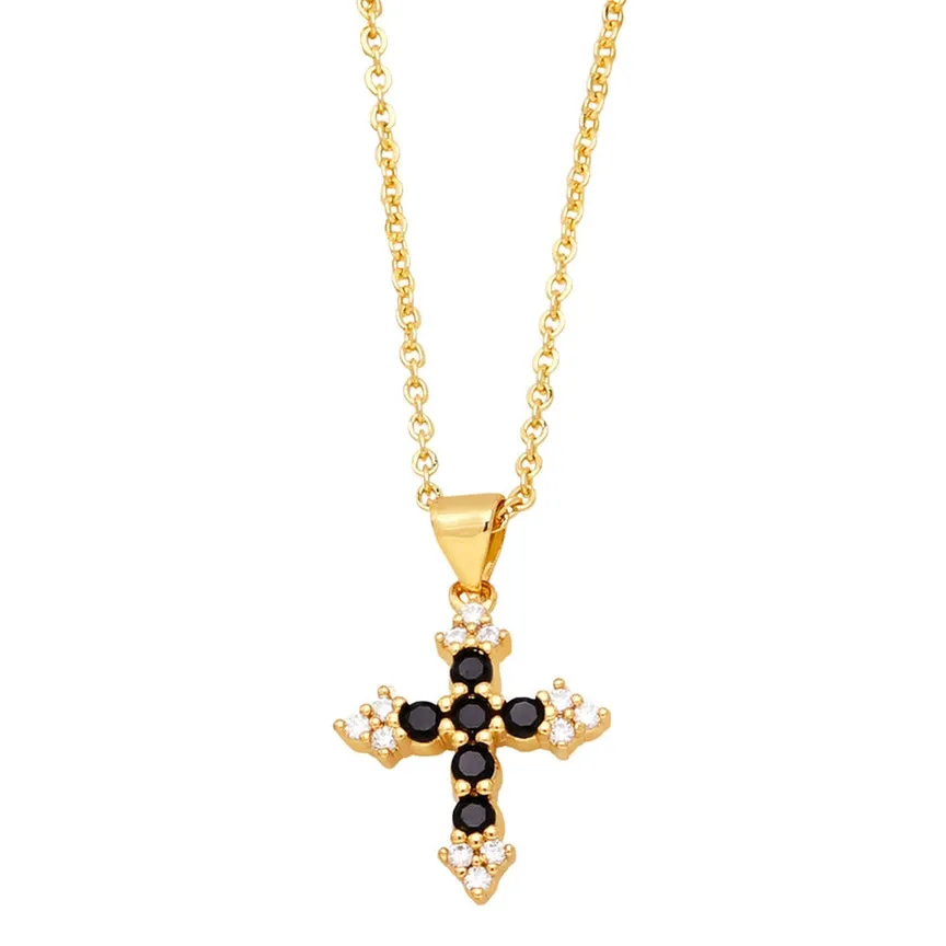 Colorful Cubic Zirconia Cross Pendant Necklace - Black