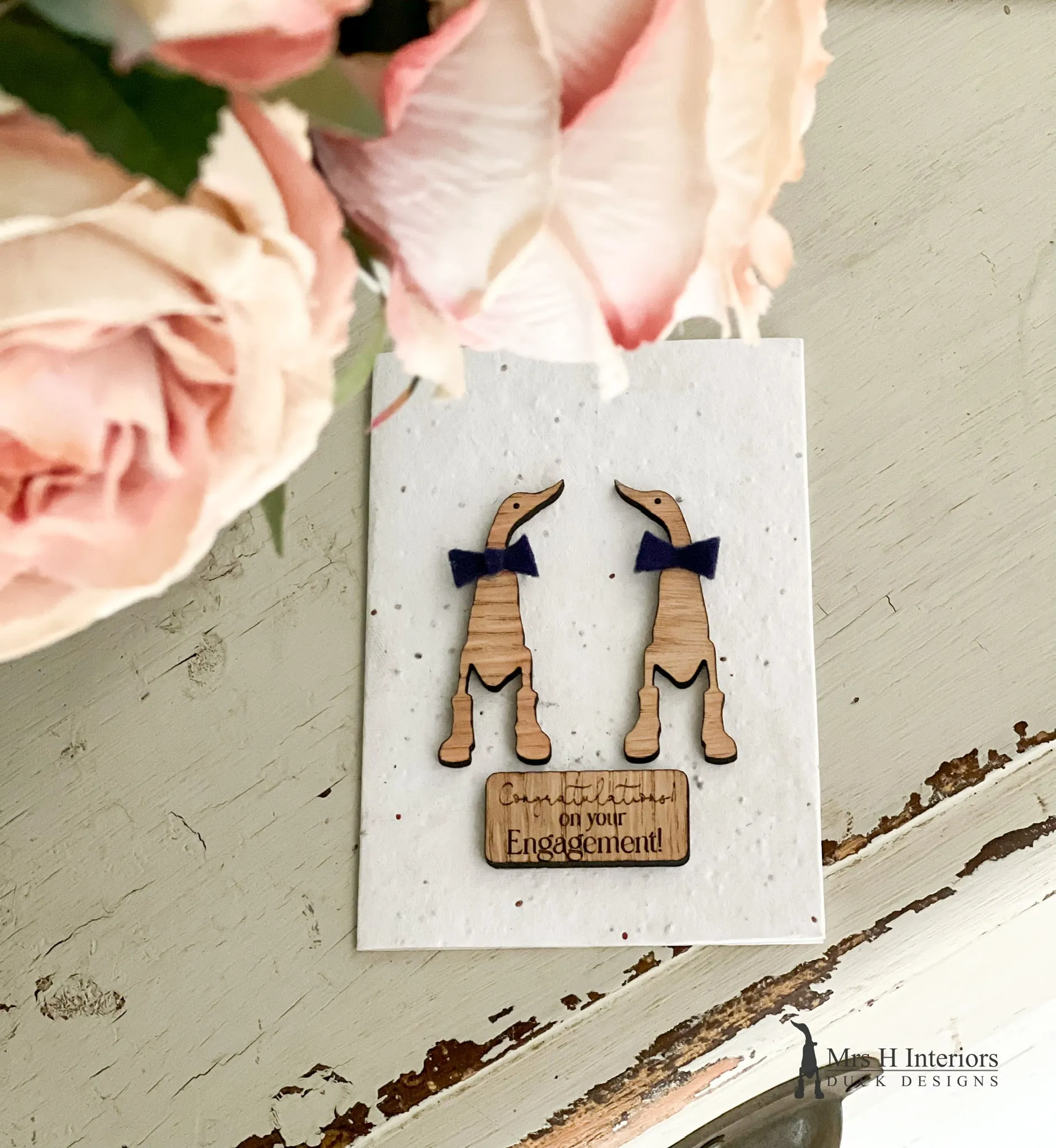 Congratulations on Your Engagement Card - Duck Wedding Couple - Decorated Wooden Duck in Boots by Mrs H the Duck Lady