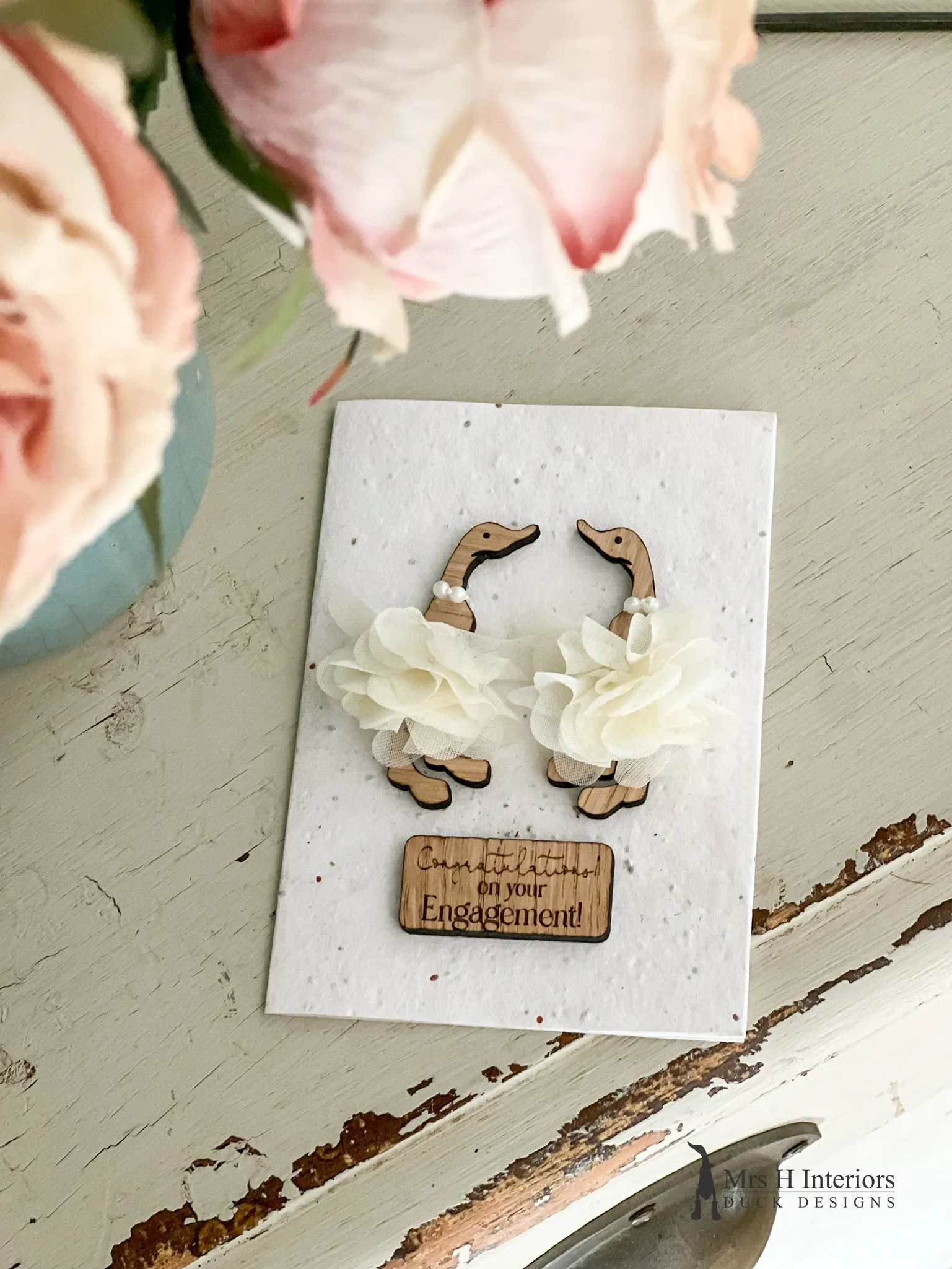 Congratulations on Your Engagement Card - Duck Wedding Couple - Decorated Wooden Duck in Boots by Mrs H the Duck Lady