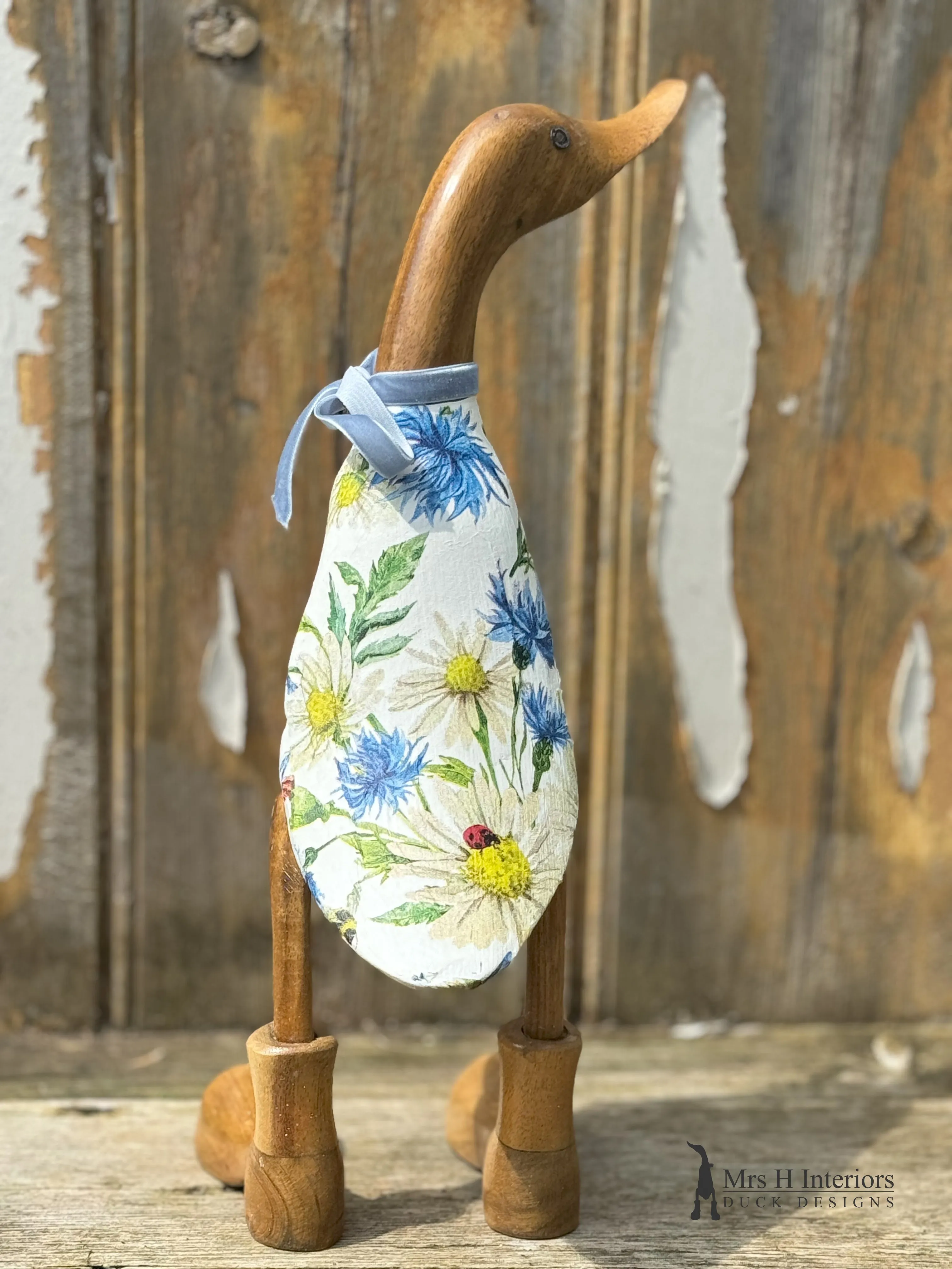 Cornelia the cornflower and daisies decorated Wooden Duck in Boots by Mrs H the Duck Lady