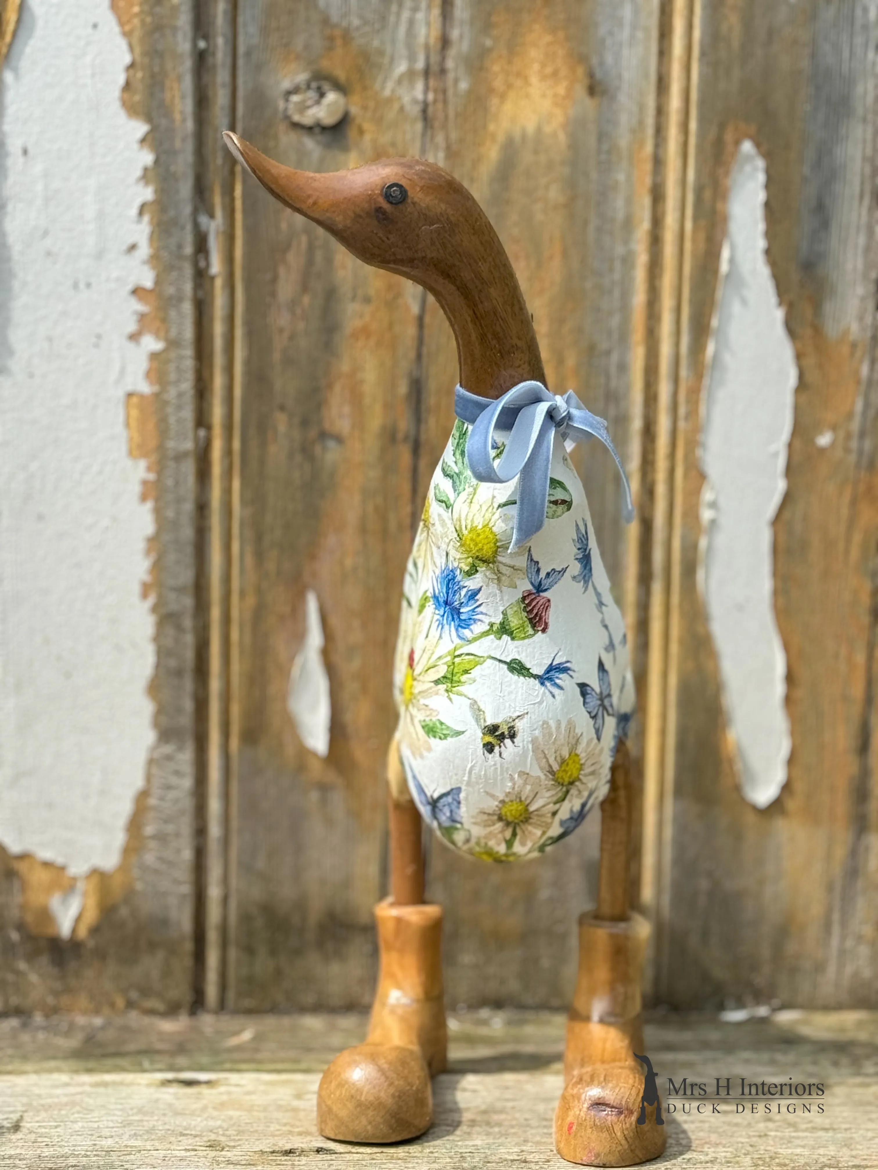 Cornelia the cornflower and daisies decorated Wooden Duck in Boots by Mrs H the Duck Lady