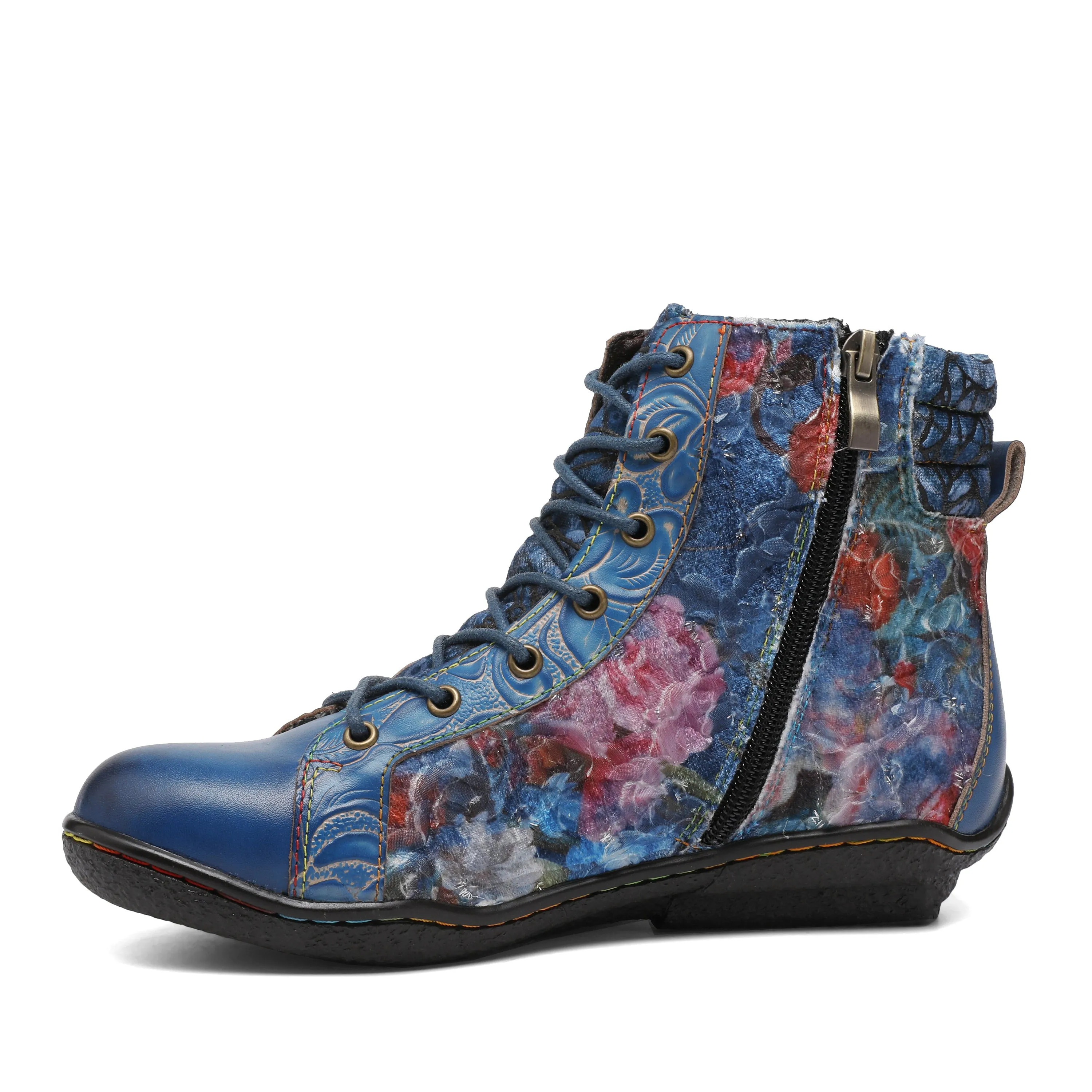 CrazycatZ Womens  Boots Sport Leather Western Boots Colorful Leather Boots Blue Floral