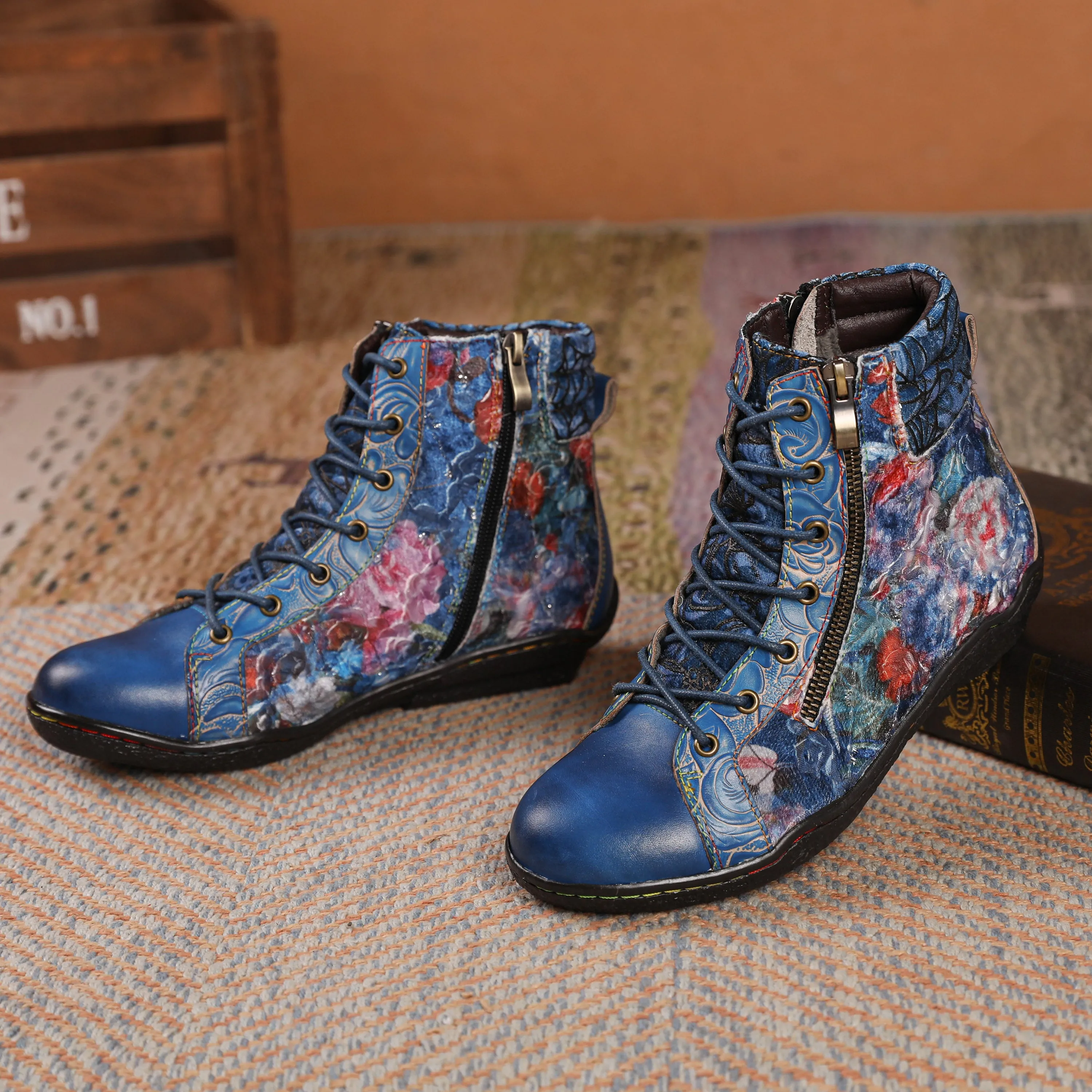 CrazycatZ Womens  Boots Sport Leather Western Boots Colorful Leather Boots Blue Floral