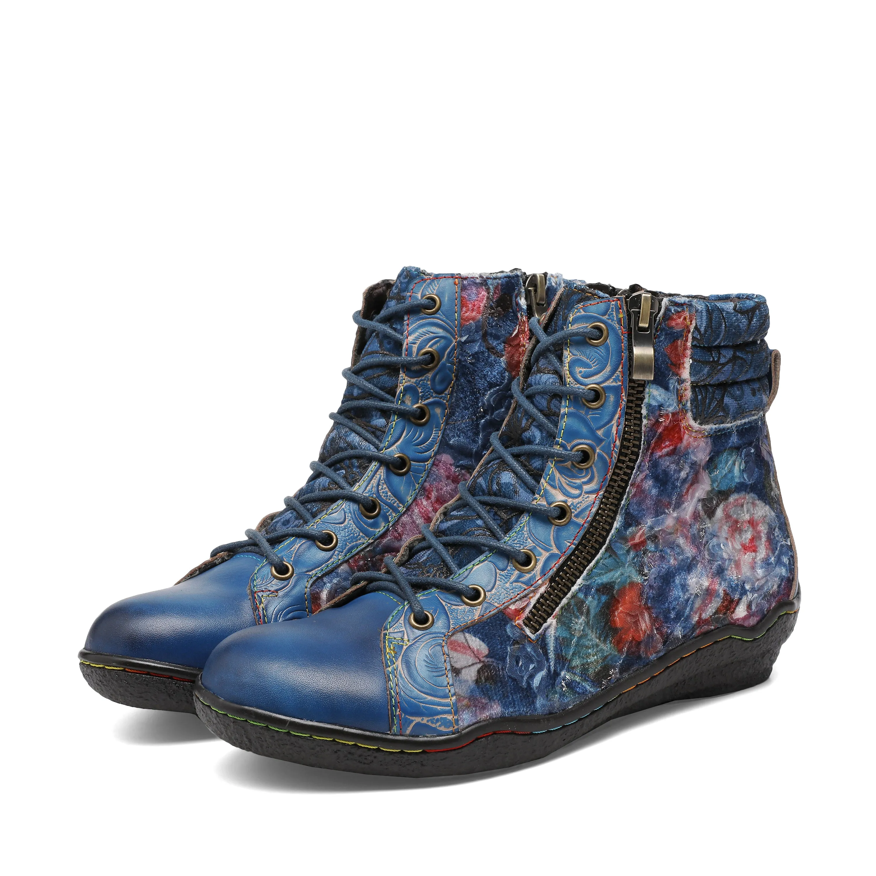 CrazycatZ Womens  Boots Sport Leather Western Boots Colorful Leather Boots Blue Floral