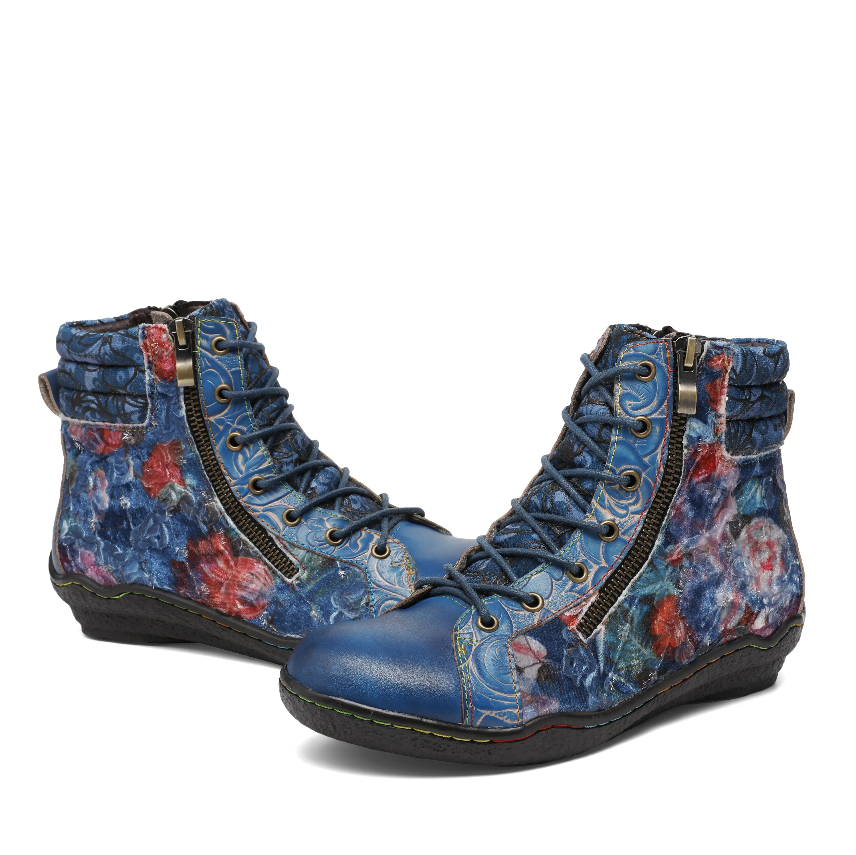 CrazycatZ Womens  Boots Sport Leather Western Boots Colorful Leather Boots Blue Floral