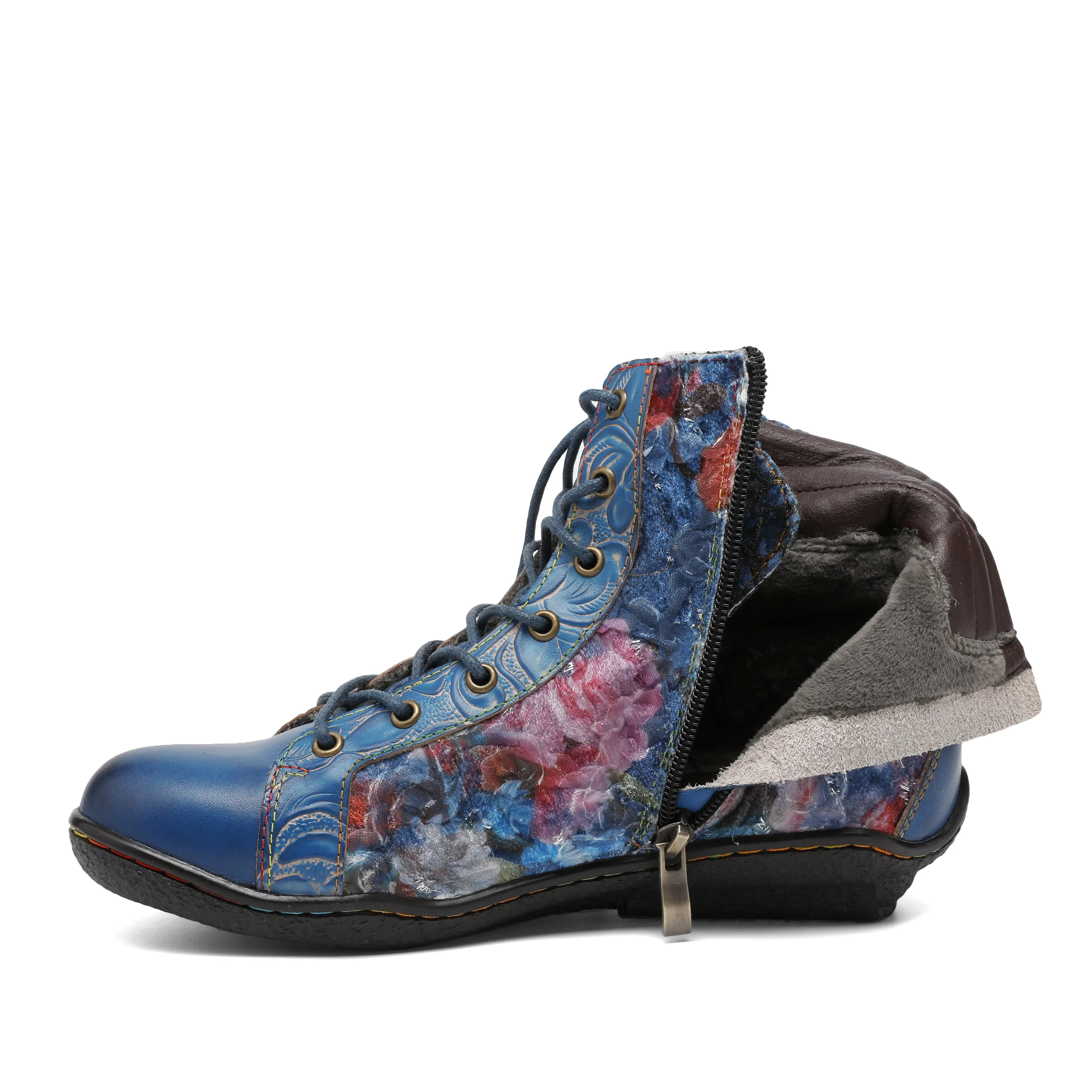 CrazycatZ Womens  Boots Sport Leather Western Boots Colorful Leather Boots Blue Floral