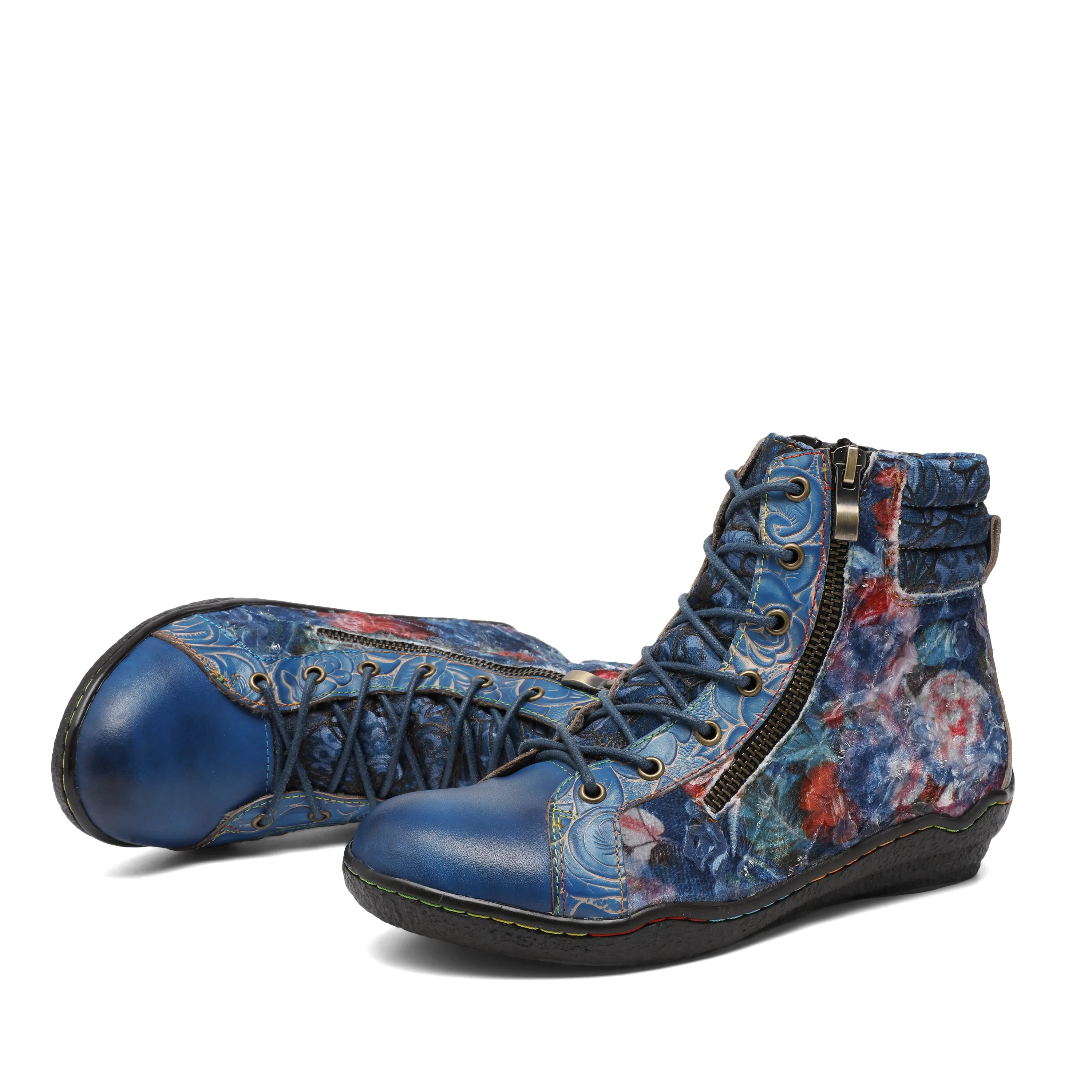 CrazycatZ Womens  Boots Sport Leather Western Boots Colorful Leather Boots Blue Floral