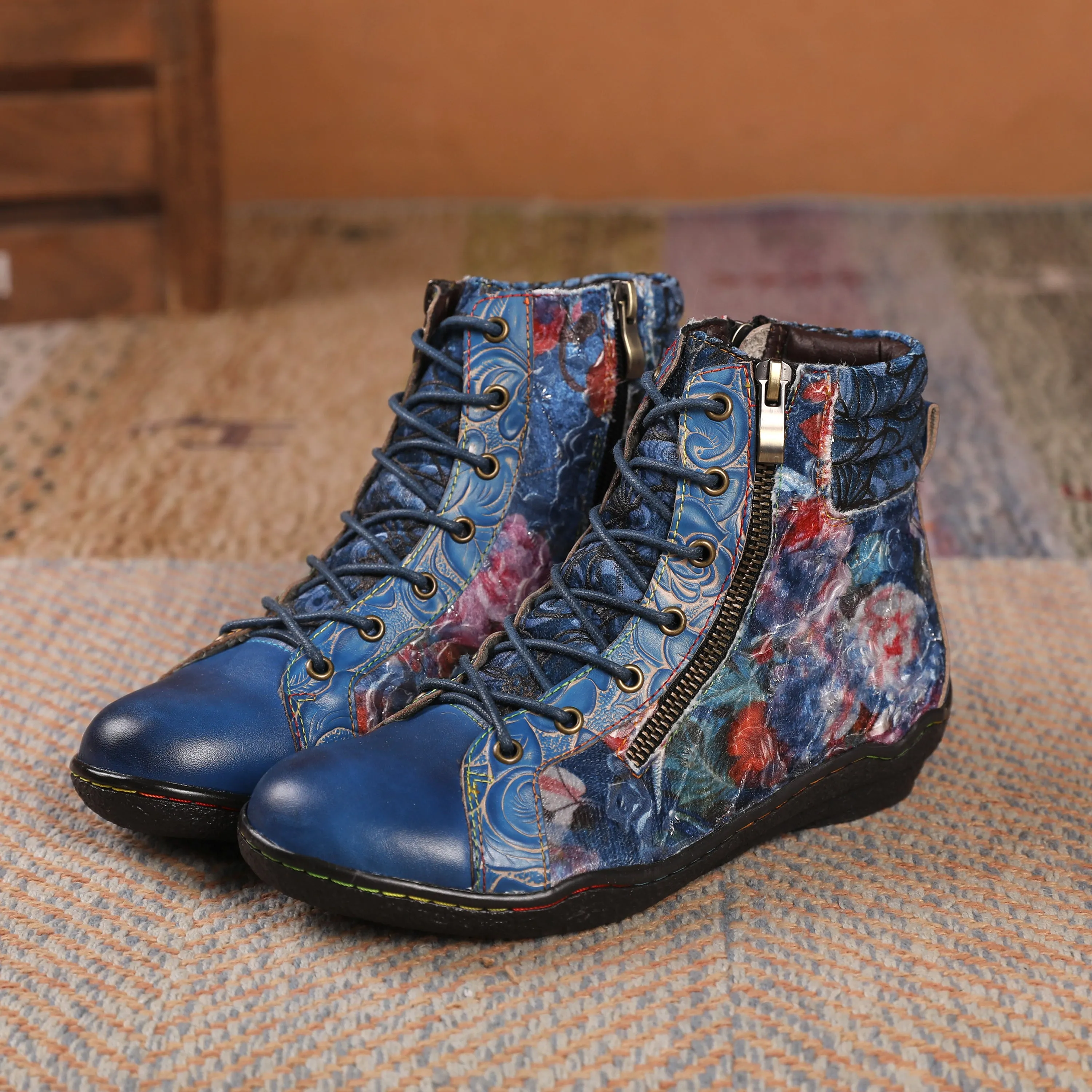 CrazycatZ Womens  Boots Sport Leather Western Boots Colorful Leather Boots Blue Floral