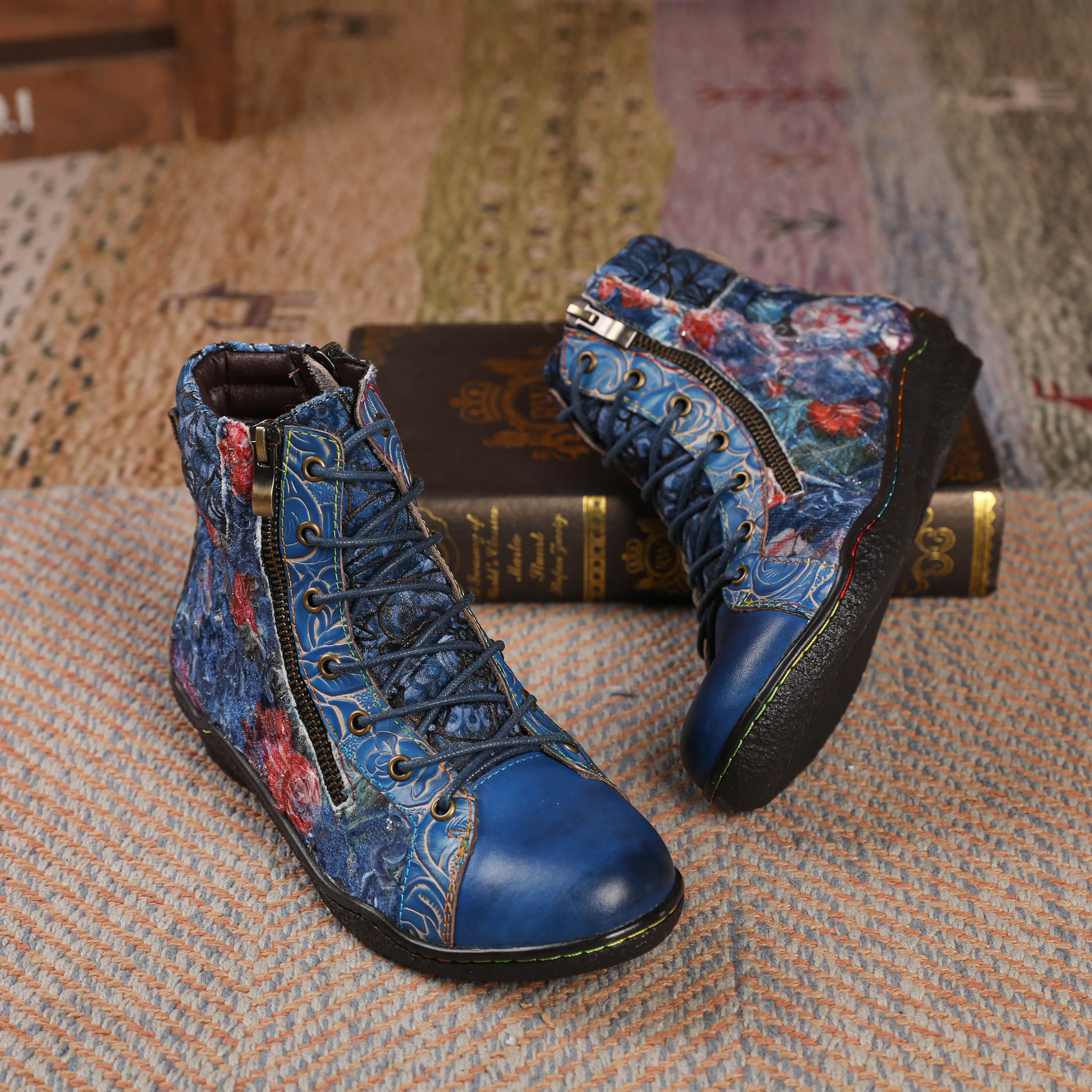 CrazycatZ Womens  Boots Sport Leather Western Boots Colorful Leather Boots Blue Floral